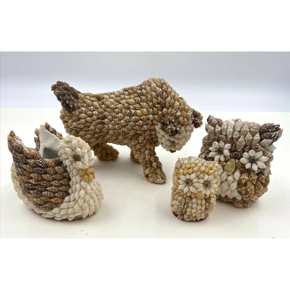 VTG Seashell Figurines Bull Swan & Owls Nautical LOT OF 4 Folk Art Philippines